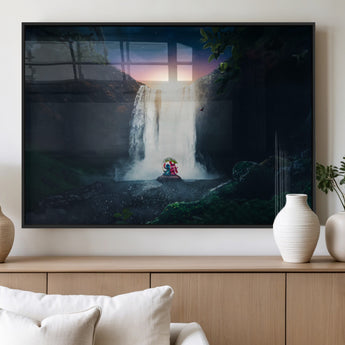 56359-MGV-FP-36X24-3P_Black-Lilo Stitch Wall Art Canvas Print, Framed Stitch Angel Art Picture Print, Cartoon Waterfall Perfect Tropical Fantasy Decor Artwork