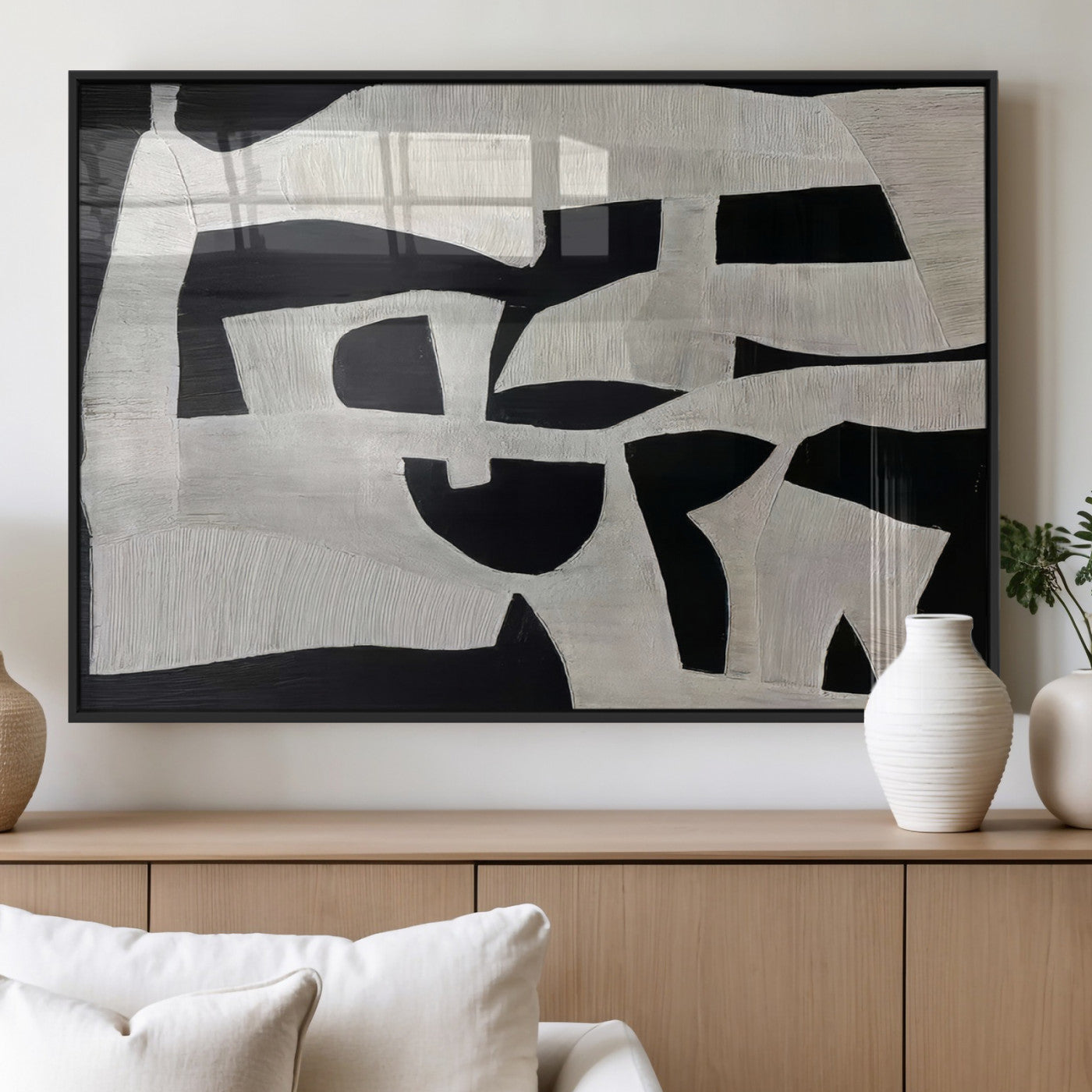 33714-MGV-FP-36X24-3P_Black-Monochrome Design Wall Art Canvas Print, Framed Modern Linework Art Picture Print, Textured Shapes Perfect Monochrome Modern Decor