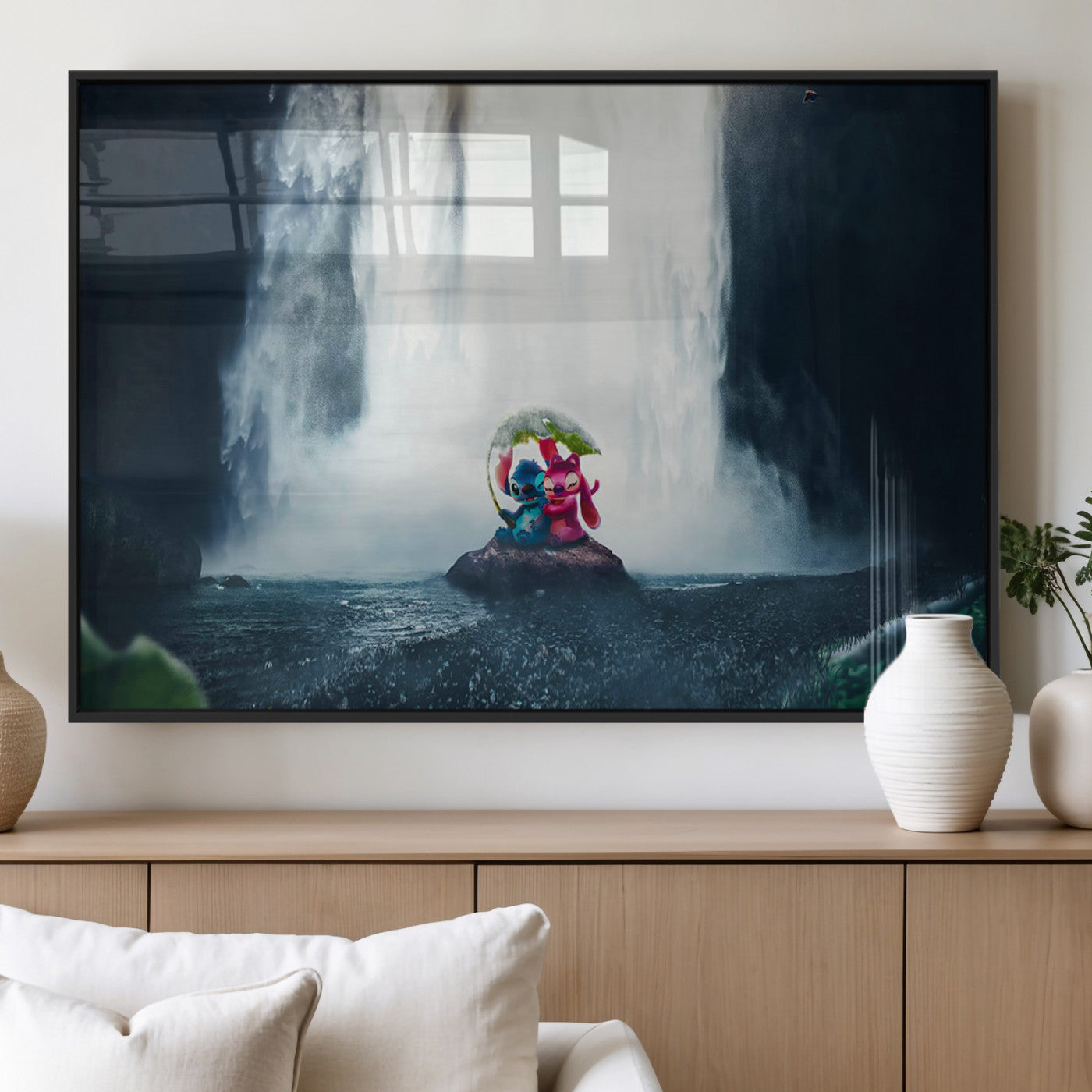 32259-MGV-FP-36X24-3P_Black-Stitch Angel Wall Art Canvas Print, Framed Stitch Waterfall Art Picture Print, Cartoon Couple Perfect Moody Fantasy Decor Artwork