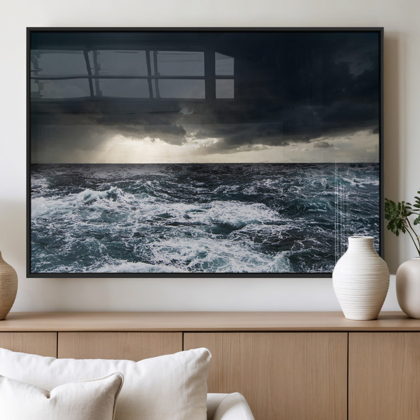 51359-MGV-FP-60X30-3P_Black-Stormy Ocean Wall Art Canvas Print, Framed Moody Seascape Art Picture Print, Ocean Storm Perfect Dramatic Coastal Decor Artwork
