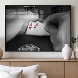 62460-MGV-FP-36X24-3P_Black-Poker Game Wall Art – Close Up of Hands Holding Aces with Chips, Casino Style Decor for Game Room, Man Cave or Office
