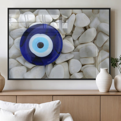48883-MGV-FP-36X24-3P_Black-Evil Eye Wall Art – Deep Blue Symbol of Presence and Calm on White Stones, Subtle Spiritual Decor for Entryway, Studio, Office or