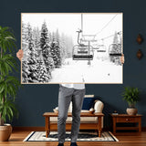 70609-MGV-CV-36X24 - Snowy Ski Lift Wall Art – Black and White Winter Mountain Landscape Canvas Print, Rustic Lodge Decor for Cabin, Living Room or Office