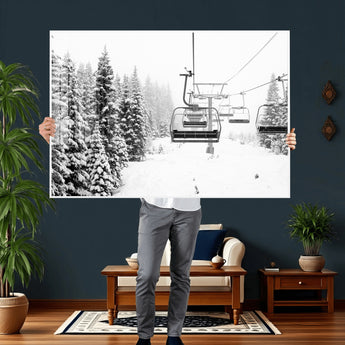 70609-MGV-CV-36X24 - Snowy Ski Lift Wall Art – Black and White Winter Mountain Landscape Canvas Print, Rustic Lodge Decor for Cabin, Living Room or Office