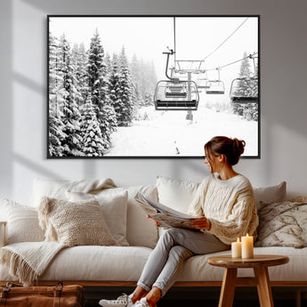 70609-MGV-CV-36X24 - Snowy Ski Lift Wall Art – Black and White Winter Mountain Landscape Canvas Print, Rustic Lodge Decor for Cabin, Living Room or Office