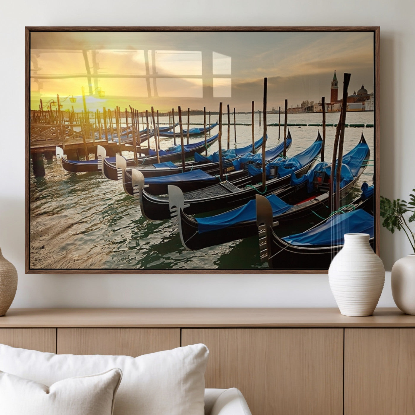 25872-MGV-FP-36X24-3P_Walnut-Venetian Gondola Dock Wall Art – Serene Sunset Canal Canvas Print, Tranquil Water Travel Decor for Office, Living Room, or Man