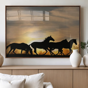 16620-MGV-FP-36X24-3P_Walnut-Sunset Stallions Wall Art – Silhouetted Horses Running Canvas Print, Nature’s Rhythm, Perfect for Living Room, Office, or Man Cave