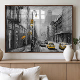 32362-MGV-FP-36X24-3P_Walnut-NYC Street Wall Art – Black and White Cityscape with Yellow Taxis and Umbrella Canvas Print, Urban Home Decor for Living Room or