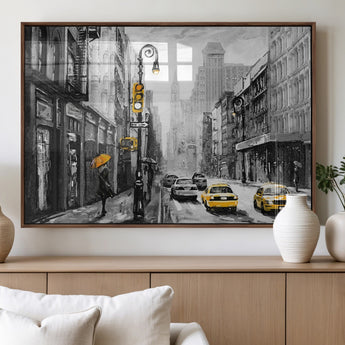 32362-MGV-FP-36X24-3P_Walnut-NYC Street Wall Art – Black and White Cityscape with Yellow Taxis and Umbrella Canvas Print, Urban Home Decor for Living Room or