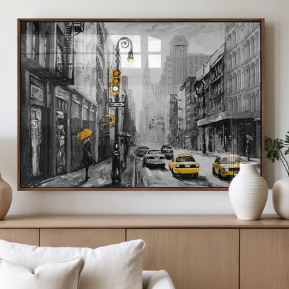 32362-MGV-FP-36X24-3P_Walnut-NYC Street Wall Art – Black and White Cityscape with Yellow Taxis and Umbrella Canvas Print, Urban Home Decor for Living Room or