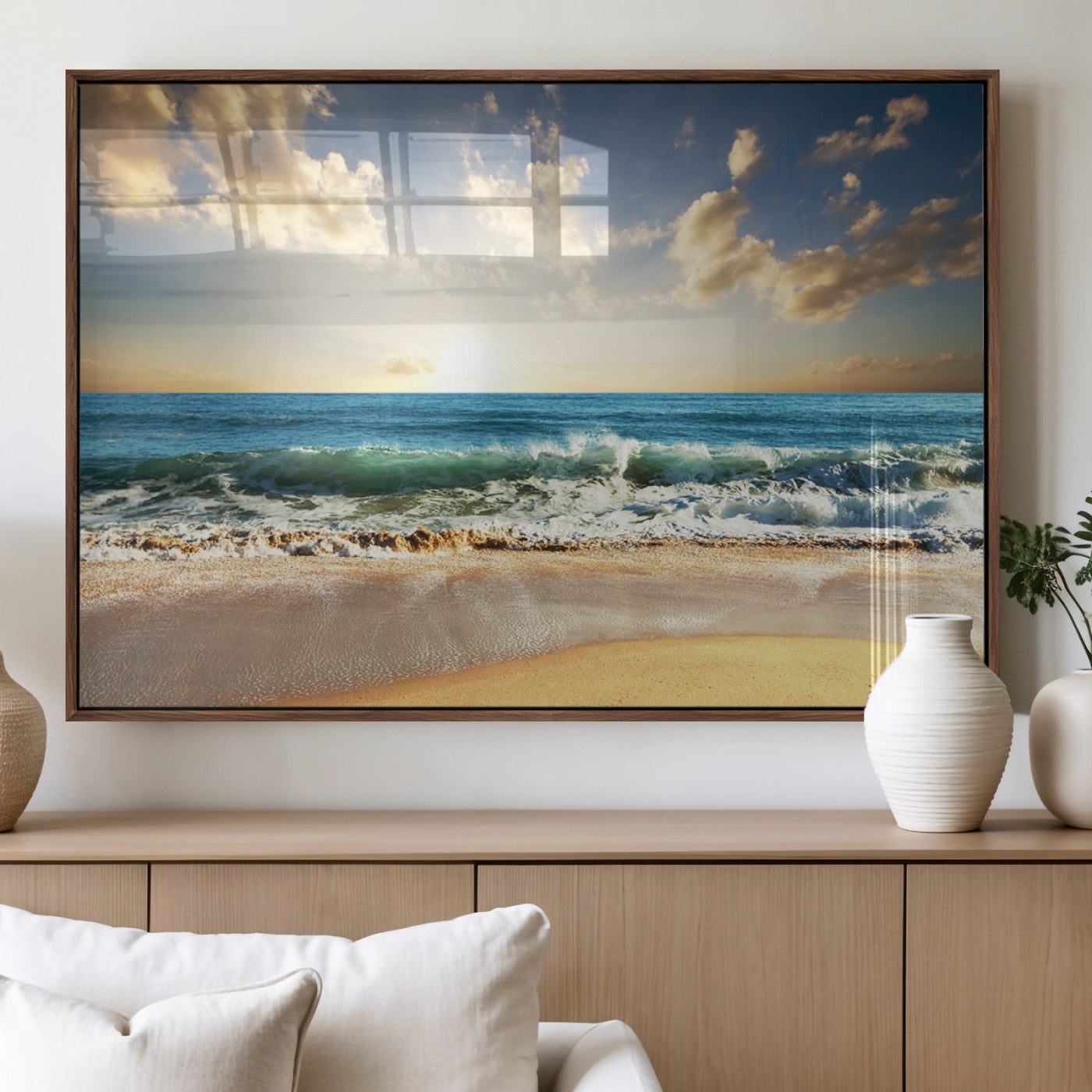 13139-MGV-FP-36X24-3P_Walnut-Sunrise Beach Wall Art – Ocean Waves and Golden Sand Canvas Print, Coastal Home Decor for Living Room, Bedroom, or Office
