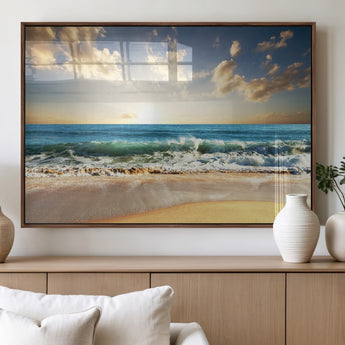 13139-MGV-FP-36X24-3P_Walnut-Sunrise Beach Wall Art – Ocean Waves and Golden Sand Canvas Print, Coastal Home Decor for Living Room, Bedroom, or Office