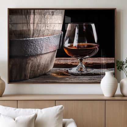 50839-MGV-FP-36X24-3P_Walnut-Barrel & Brandy Wall Art – Rustic Whiskey Barrel and Brandy Glass Canvas Print, Elegant Home Bar or Lounge Decor for Office, Man