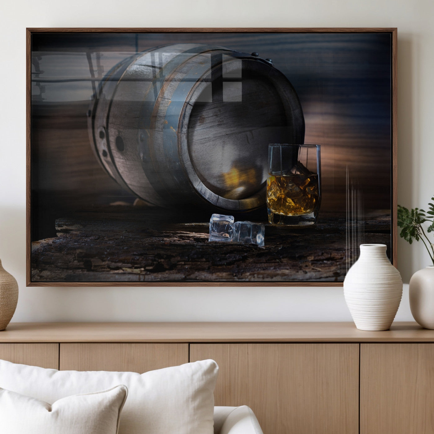 78049-MGV-FP-36X24-3P_Walnut-Whiskey Barrel Wall Art – Rustic Whiskey Barrel and Glass with Ice Canvas Print, Classic Bar or Lounge Decor for Home, Office, or