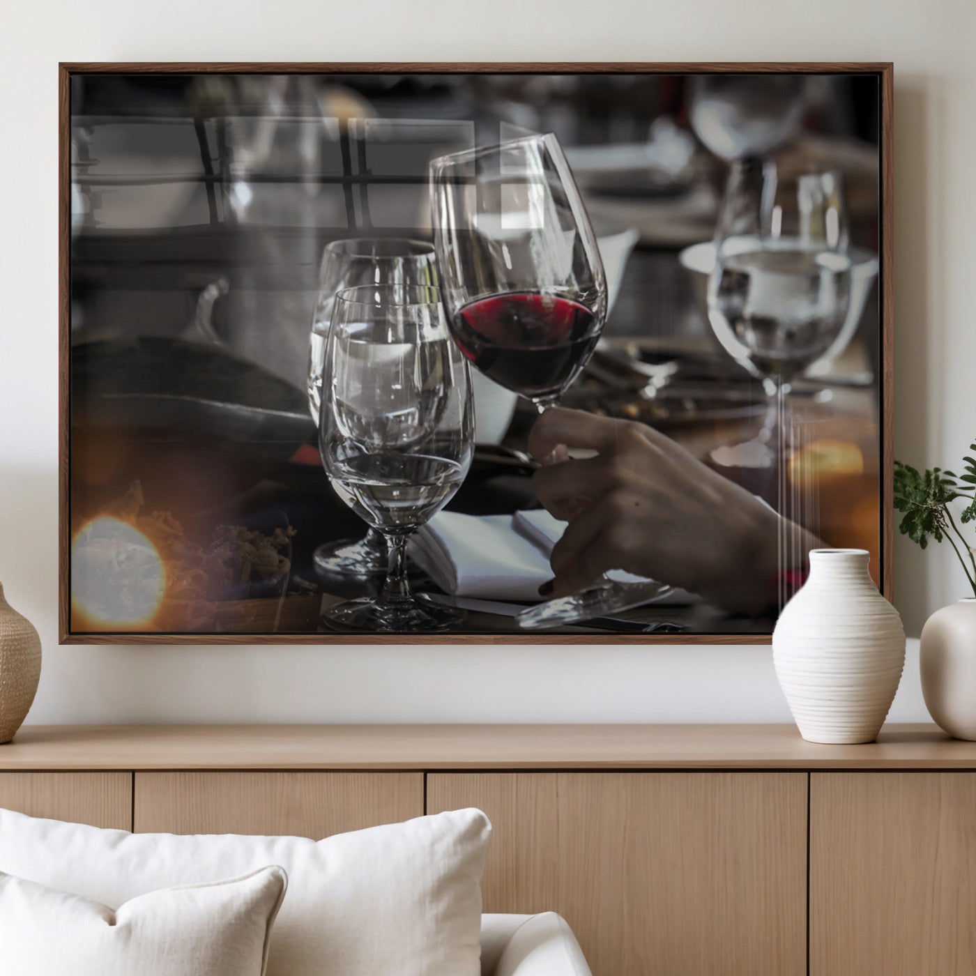 75513-MGV-FP-36X24-3P_Walnut-Elegant Wine Toast Wall Art – Close-Up Red Wine Glass at Dinner Table Canvas Print, Sophisticated Dining Room or Bar Decor
