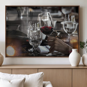 75513-MGV-FP-36X24-3P_Walnut-Elegant Wine Toast Wall Art – Close-Up Red Wine Glass at Dinner Table Canvas Print, Sophisticated Dining Room or Bar Decor
