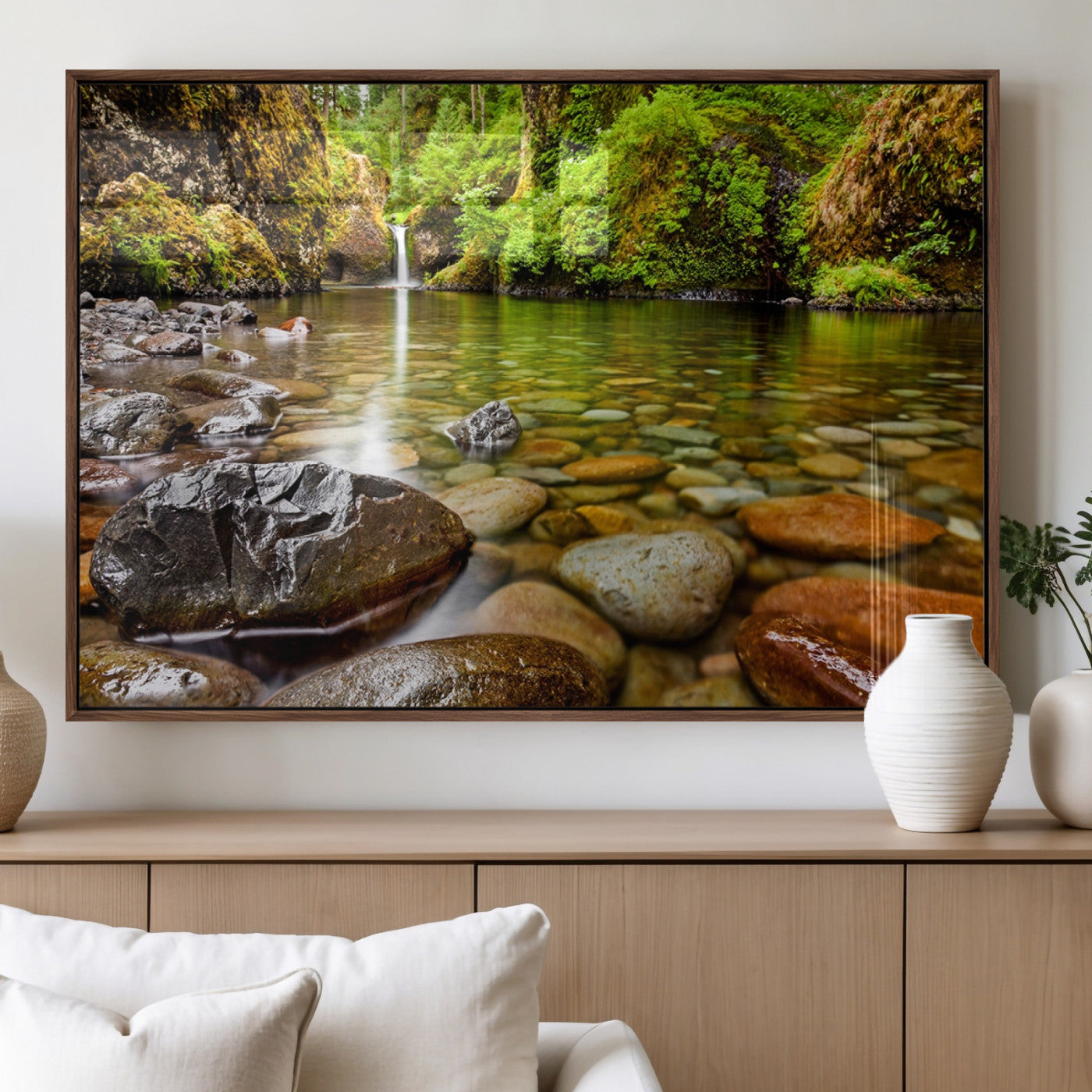 98096-MGV-FP-36X24-3P_Walnut-Serene River Waterfall Nature Photo – Calm Clear Water, Vibrant Green Forest and Smooth Stones Landscape Wall Art for Home or