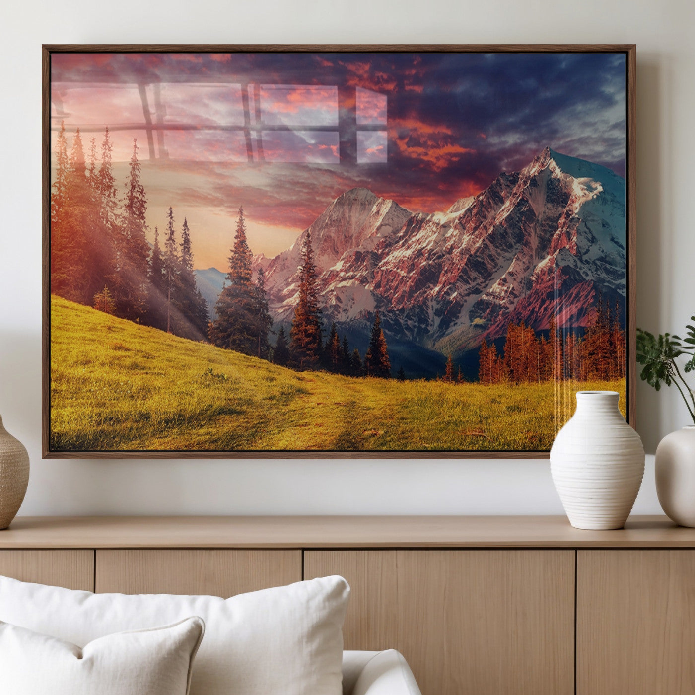 83947-MGV-FP-36X24-3P_Walnut-Sunset Mountain Landscape Wall Art – Panoramic Alpine Meadow and Snow Capped Peaks Canvas Print, Nature Scenic Decor for Home,