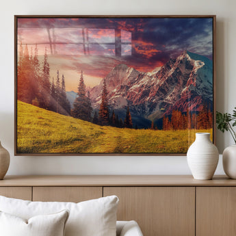 83947-MGV-FP-36X24-3P_Walnut-Sunset Mountain Landscape Wall Art – Panoramic Alpine Meadow and Snow Capped Peaks Canvas Print, Nature Scenic Decor for Home,