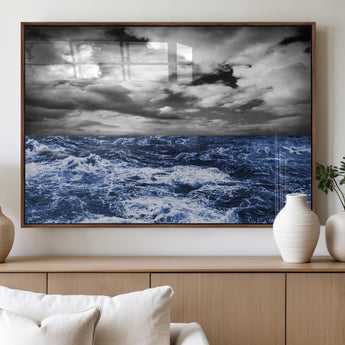 36012-MGV-FP-36X24-3P_Walnut-Dramatic Stormy Ocean Waves Black and White with Deep Blue Highlights – Moody Seascape Wall Art, Nature Photography Print for Home