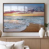 39560-MGV-FP-36X24-3P_Walnut-Sunrise Beach Wall Art – Vibrant Ocean Waves and Golden Sand Canvas Print, Seaside Coastal Decor for Living Room, Bedroom or