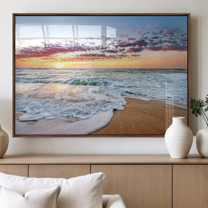 39560-MGV-FP-36X24-3P_Walnut-Sunrise Beach Wall Art – Vibrant Ocean Waves and Golden Sand Canvas Print, Seaside Coastal Decor for Living Room, Bedroom or