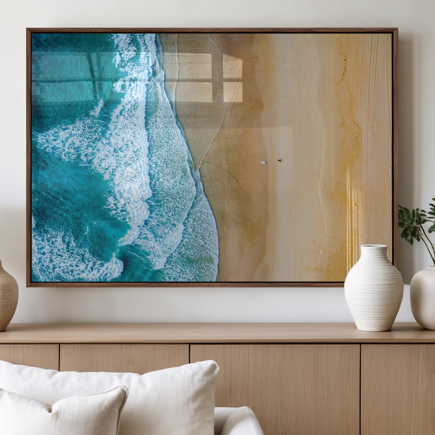 46640-MGV-FP-36X24-3P_Walnut-Aerial Beach Wall Art – Turquoise Waves and Golden Sand Canvas Print with Lone Surfer, Coastal Ocean Decor for Living Room,
