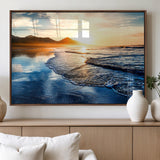 86173-MGV-FP-36X24-3P_Walnut-Golden Sunset Beach Wall Art – Reflective Ocean Canvas Print with Mountains and Waves, Coastal Nature Decor for Living Room,