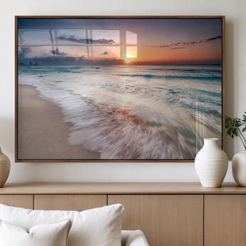 71849-MGV-FP-36X24-3P_Walnut-Sunrise Ocean Beach Wall Art – Serene Seascape Canvas Print with Gentle Waves, Coastal Nature Decor for Bedroom, Living Room or