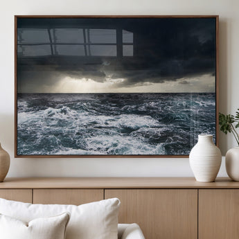 42607-MGV-FP-36X24-3P_Walnut-Stormy Ocean Wall Art – Dramatic Sea and Sky Canvas Print with Sun Rays, Moody Nature Decor for Living Room, Office, Bedroom or