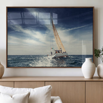 75430-MGV-FP-36X24-3P_Walnut-Sailing Boat Wall Art – Dynamic Ocean Yacht Canvas Print, Nautical Decor for Living Room, Office, Beach House or Cabin
