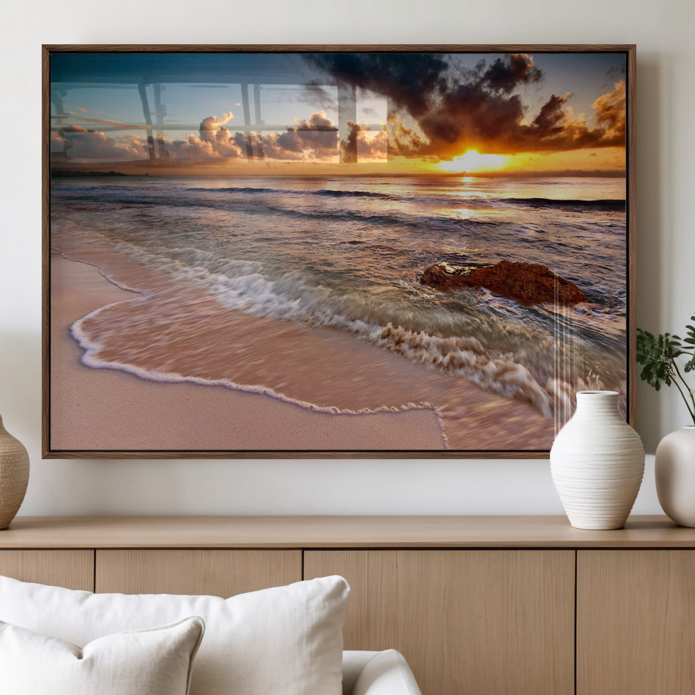 38302-MGV-FP-36X24-3P_Walnut-Sunset Beach Wall Art – Stunning Ocean Waves and Rock Canvas Print, Warm Coastal Decor for Living Room, Bedroom, Office or Beach