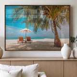 69754-MGV-FP-36X24-3P_Walnut-Tropical Beach Wall Art – Relaxing Palm Tree and Lounge Chairs Canvas Print, Serene Coastal Decor for Living Room, Bedroom, Office