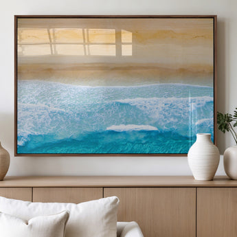 43046-MGV-FP-36X24-3P_Walnut-Aerial Beach Wall Art – Serene Ocean Waves & Sandy Shore Canvas Print, Coastal Home Decor for Living Room, Bedroom or Office