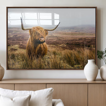 79391-MGV-FP-36X24-3P_Walnut-Majestic Highland Cow in Misty Scottish Moorland – Rustic Natural Charm, Perfect for Unique Home or Office Decor