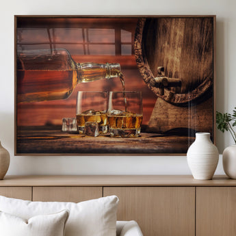 21266-MGV-FP-36X24-3P_Walnut-Pouring Whiskey into Glasses with Ice – Rustic Wooden Barrel Background, Warm Ambient Lighting, Ideal Decor for Home or Office