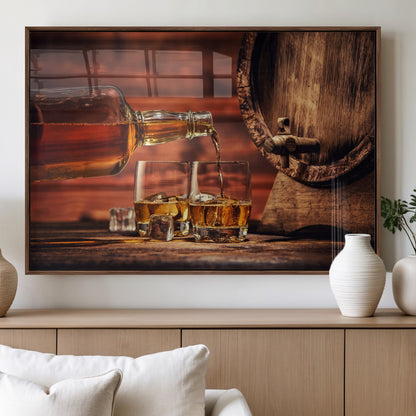 21266-MGV-FP-36X24-3P_Walnut-Pouring Whiskey into Glasses with Ice – Rustic Wooden Barrel Background, Warm Ambient Lighting, Ideal Decor for Home or Office