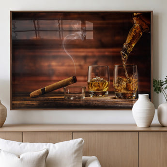 41139-MGV-FP-36X24-3P_Walnut-Whiskey and Cigar Still Life – Glasses with Ice and Pouring Amber Drink on Wooden Table with Smoke, Elegant Bar or Lounge Wall