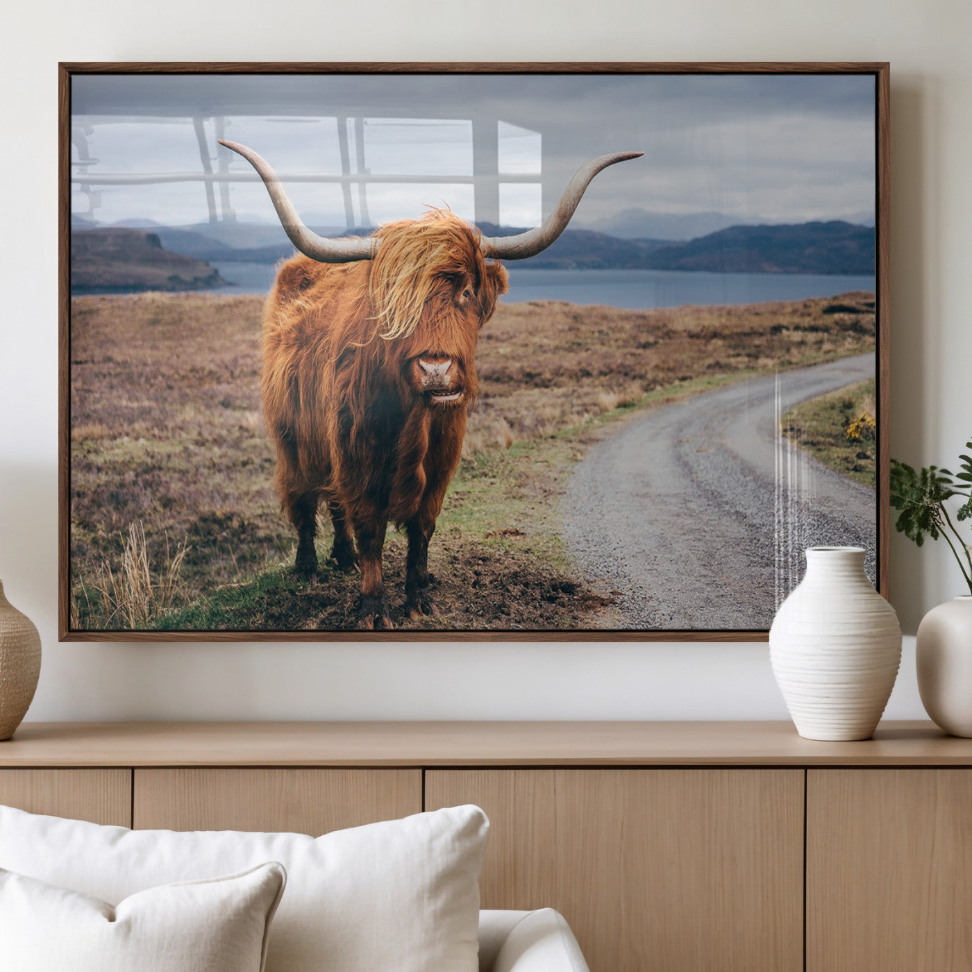 56121-MGV-FP-36X24-3P_Walnut-Rustic Highland Cow Wall Art – Panoramic Nature Canvas Print, Perfect Decor for Home, Office, Living Room or Man Cave