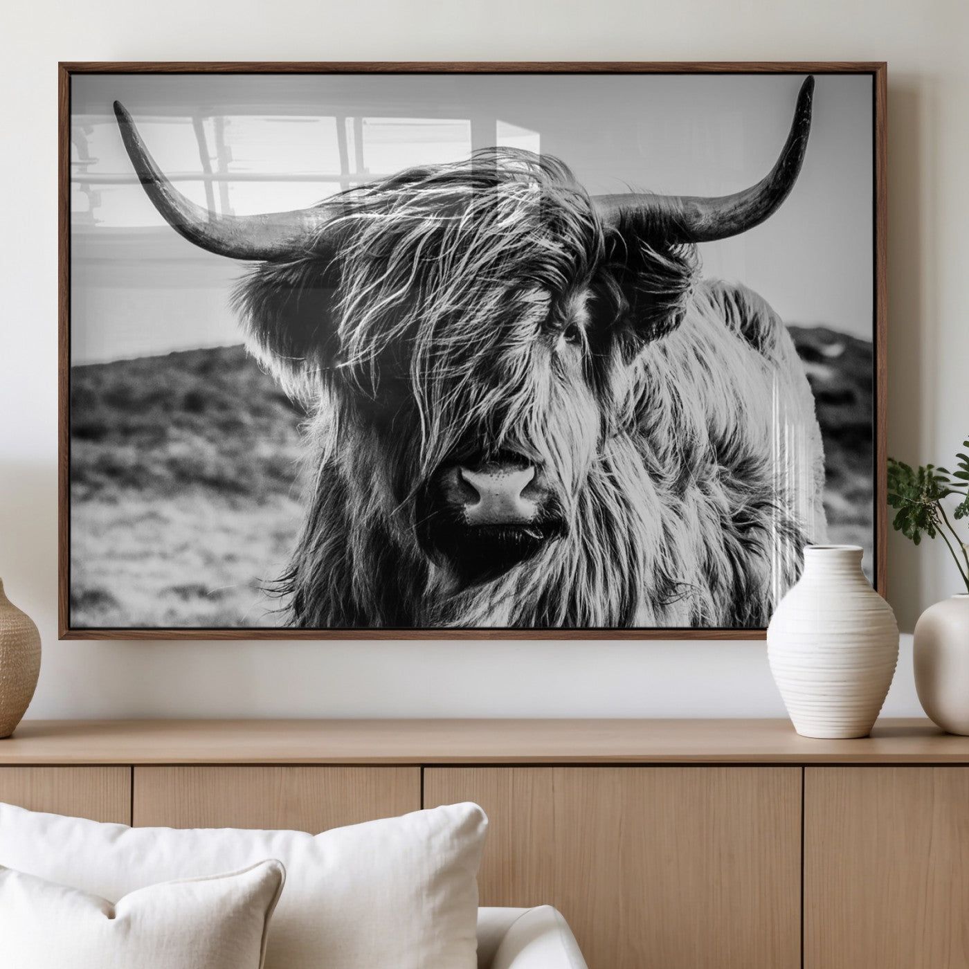 36979-MGV-FP-36X24-3P_Walnut-Striking black-and-white portrait of a Highland cow with flowing fur and majestic horns, perfect for rustic and elegant home or