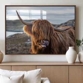 71222-MGV-FP-36X24-3P_Walnut-A playful Highland cow with shaggy fur sticks out its tongue, set against a rugged landscape — perfect for quirky home or office