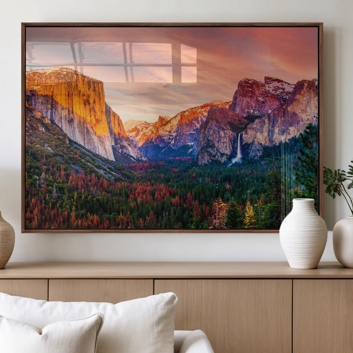 24519-MGV-FP-36X24-3P_Walnut-Yosemite Valley Sunset Wall Art – Majestic Mountain Landscape with Waterfall and Vibrant Sky, Nature Photography for Home or