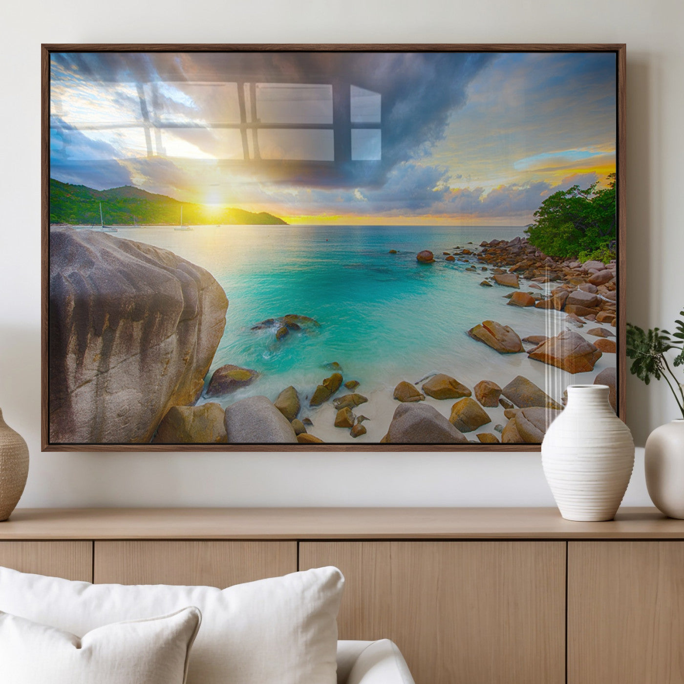 23769-MGV-FP-60X30-3P_Walnut-Tropical Beach Sunset Wall Art – Ocean Waves and Rocky Shore Canvas Print, Coastal Seascape Photography Decor
