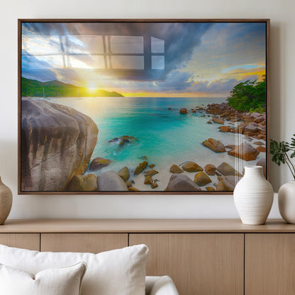 23769-MGV-FP-60X30-3P_Walnut-Tropical Beach Sunset Wall Art – Ocean Waves and Rocky Shore Canvas Print, Coastal Seascape Photography Decor
