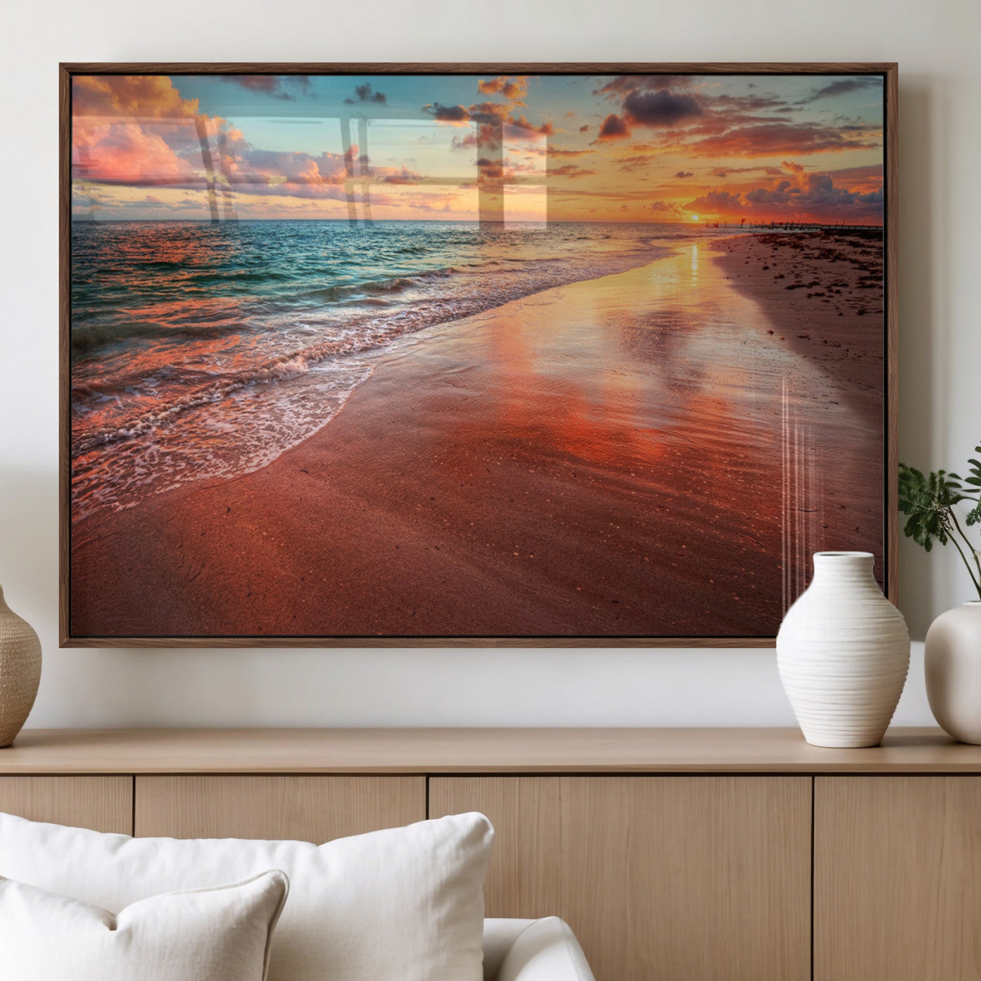 77723-MGV-FP-36X24-3P_Walnut-Sunset Beach Wall Art – Vibrant Ocean Canvas Print, Coastal Landscape Decor for Living Room, Bedroom or Office, Relaxing Tropical