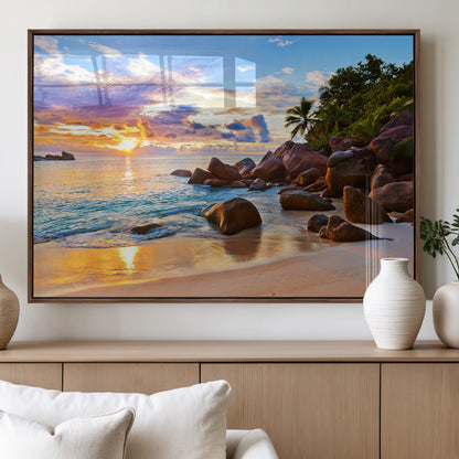 43209-MGV-FP-60X30-3P_Walnut-Tropical Beach Sunset Wall Art – Golden Ocean Waves and Palm Trees with Rocky Shore Canvas Print, Coastal Seascape Decor for