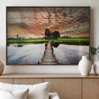29105-MGV-FP-60X30-3P_Walnut-Rustic Wooden Bridge Wall Art – Scenic Sunset Over Rice Fields and Reflective Water Canvas Print, Nature Landscape Decor for