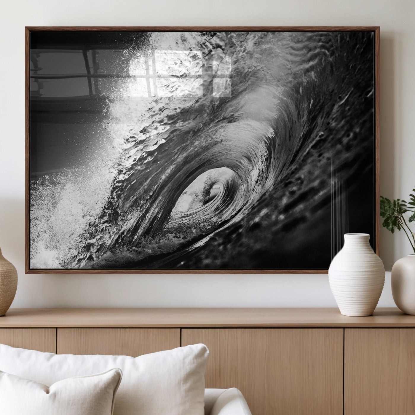 22702-MGV-FP-60X30-3P_Walnut-Black and White Ocean Wave Wall Art – Powerful Surf Curl Photography Canvas Print, Modern Coastal Decor for Living Room, Office or