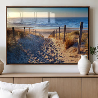 31889-MGV-FP-60X30-3P_Walnut-Sandy Beach Pathway Wall Art – Coastal Dune Fence and Ocean View Canvas Print, Relaxing Seaside Landscape Decor for Living Room or