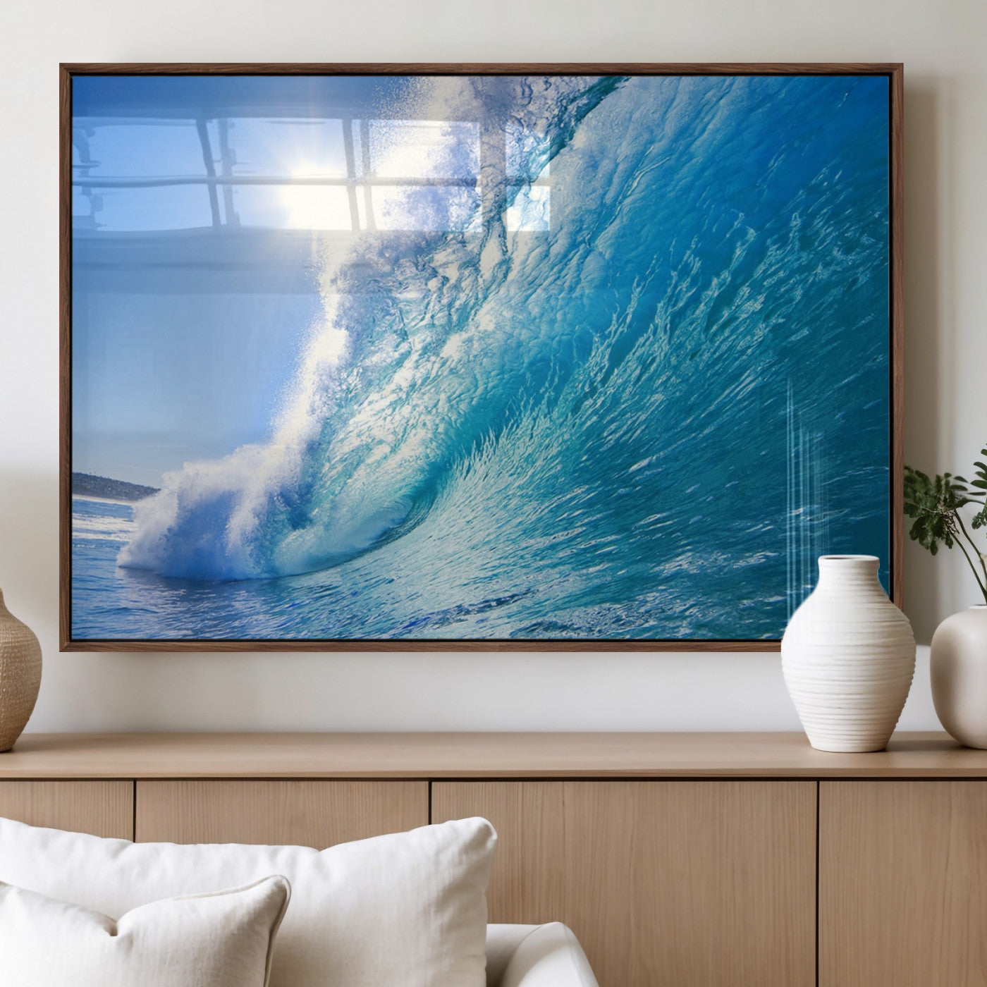 37494-MGV-FP-60X30-3P_Walnut-Ocean Wave Canvas Art – Stunning Blue Wave Photography, Coastal Wall Decor for Living Room, Bedroom or Office